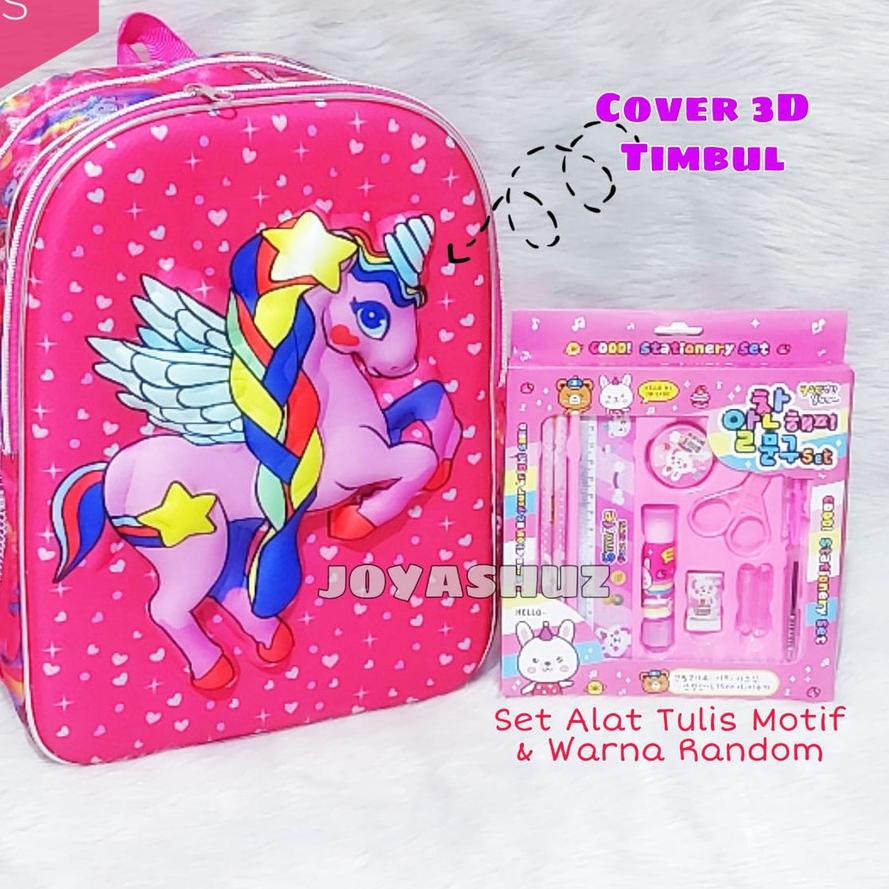 Tas Sekolah Anak Unicorn 3 Dimensi Gratis Set Alat Tulis / Ransel Unicorn / Tas Karakter Anak ,,