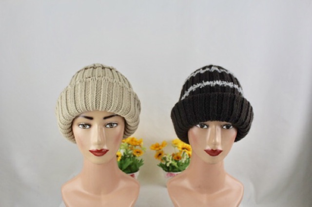 Topi Kupluk Rajut Wool Hat Beanie Folded Stripe Winter Musim Dingin