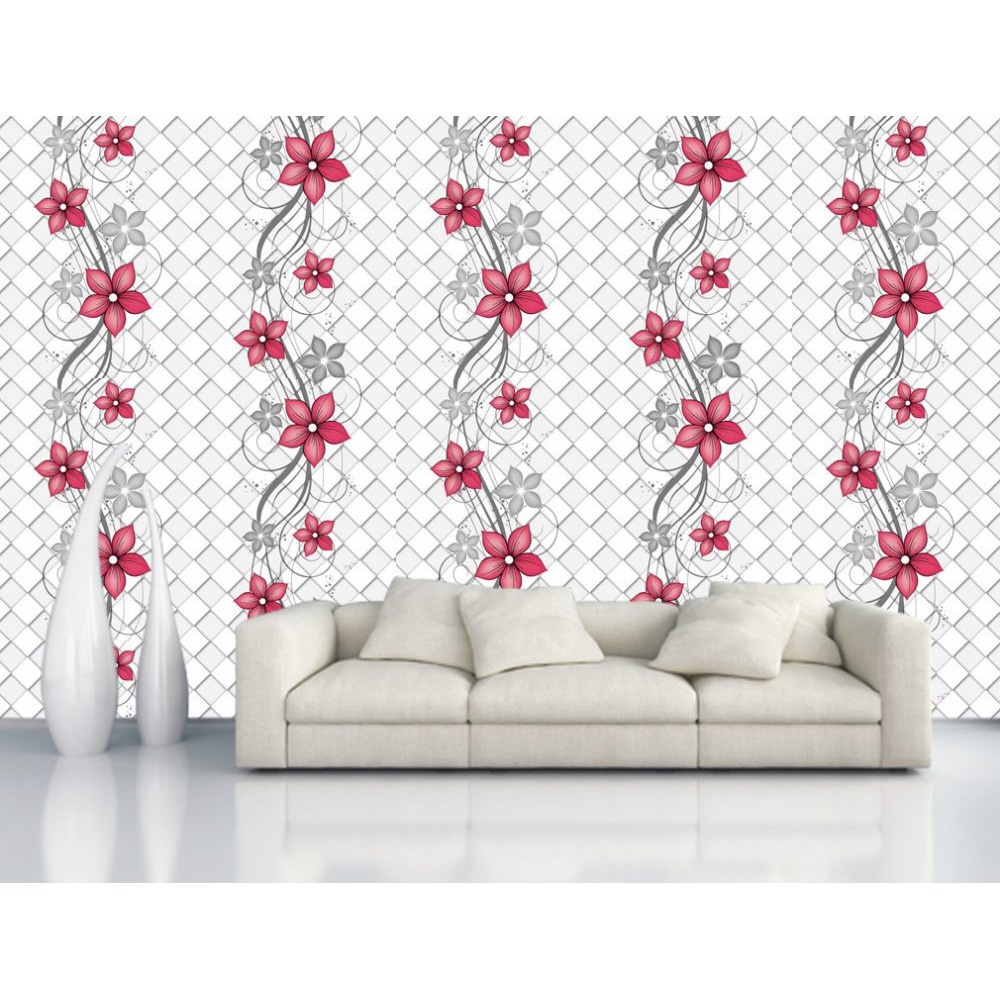 Wallpaper Dinding Stiker Motif Bunga Pink Merah Kotak Ukuran 45 cm x 10 m