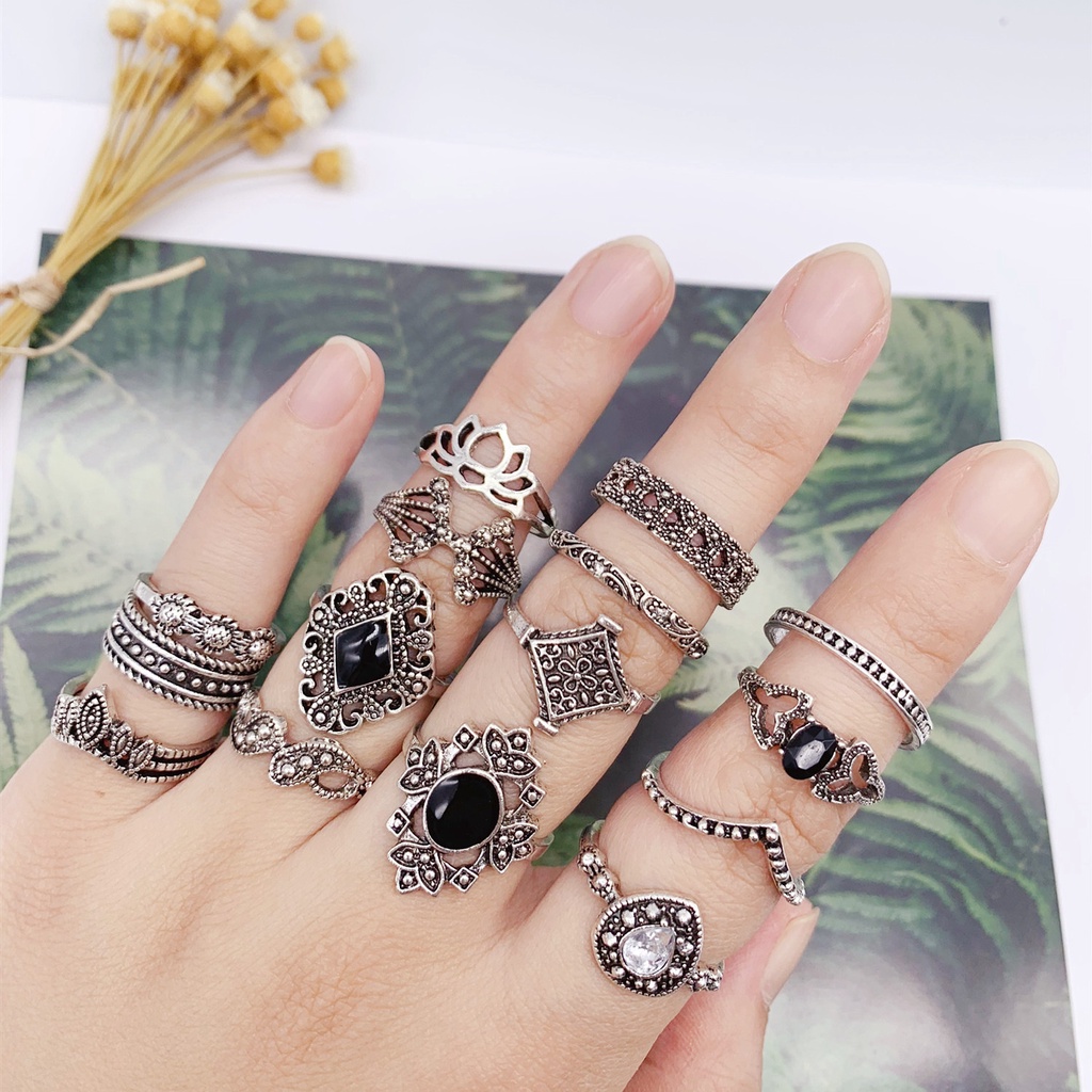 15pcs / Set Cincin Enamel Desain Bunga Matahari Teratai Tetesan Air Warna Hitam Gaya Retro Untuk Wanita