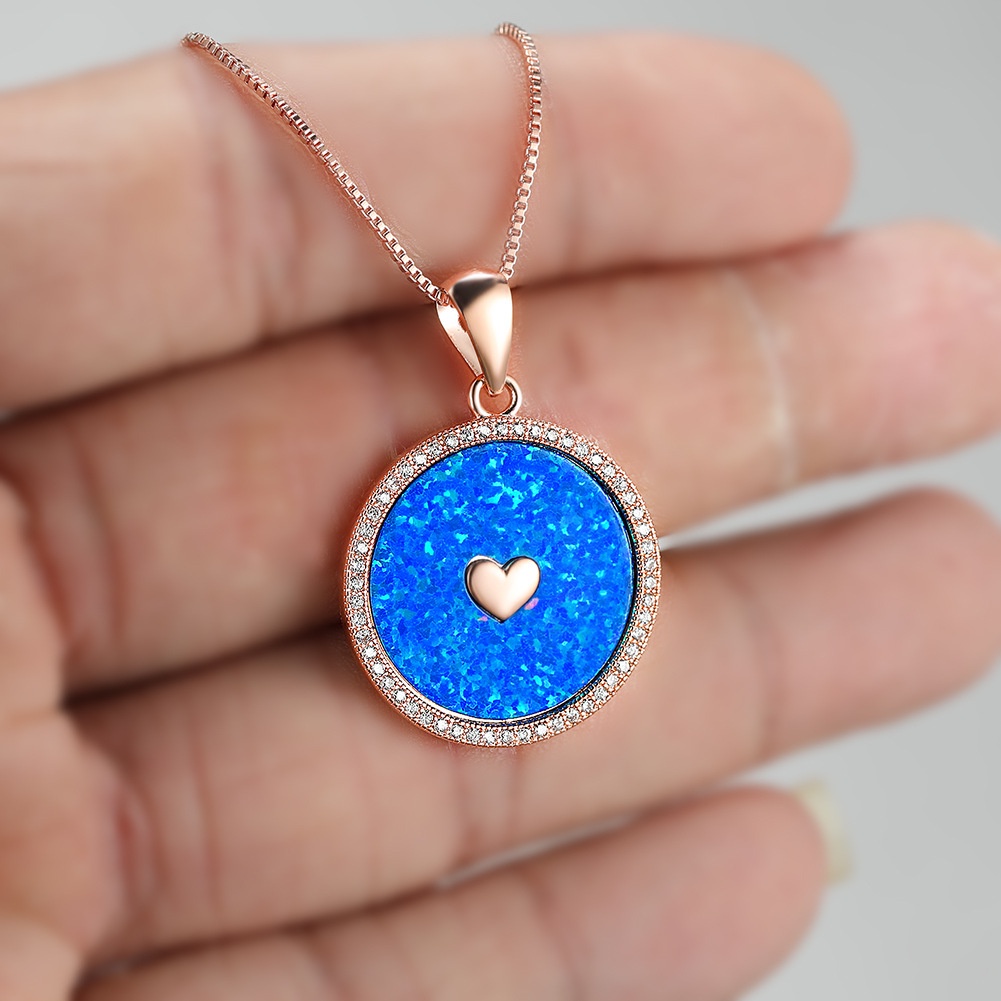 Kalung Desain Bunga Hati opal Biru Bentuk Bulat Warna rose gold Gaya Eropa Amerika Untuk Wanita