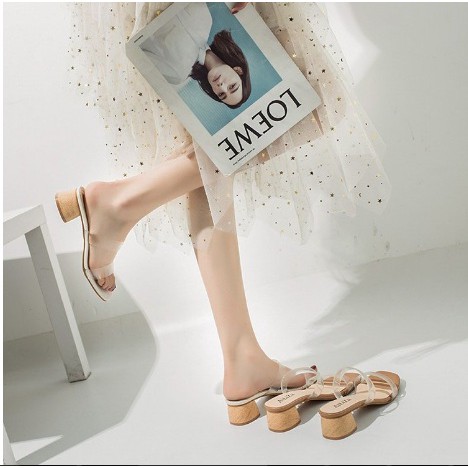 Sepatu import wanita/ sepatu import sepatu double straps transparant high heels tapak tahu 3 cm