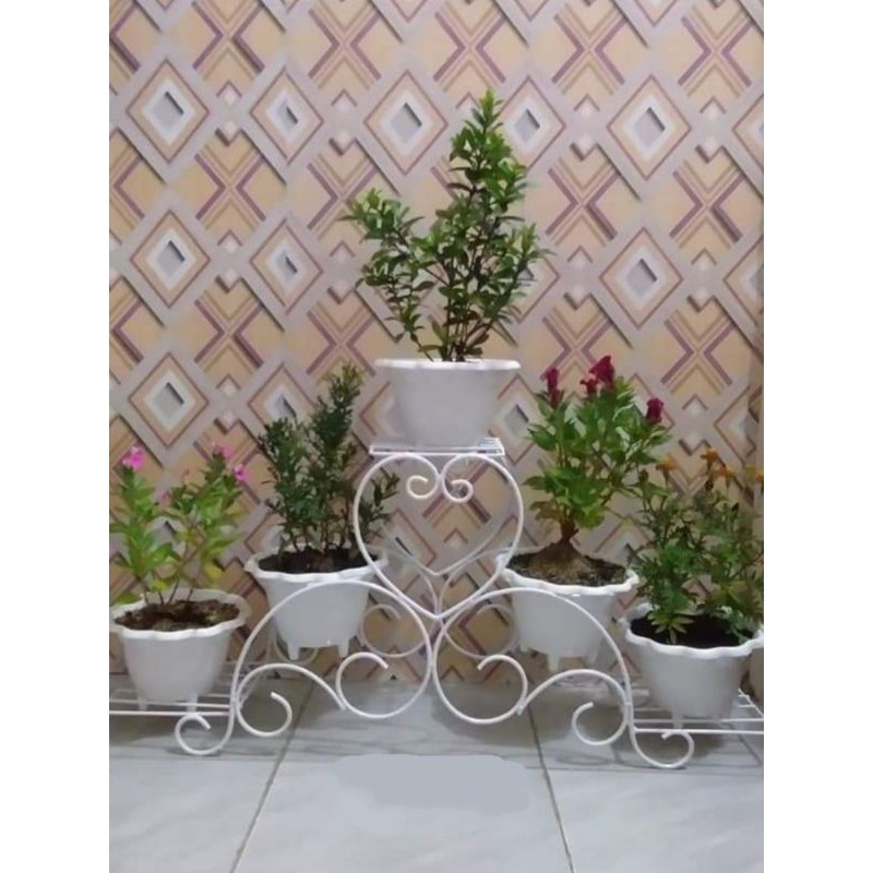 rak pot bunga besi susun 5 pot motiv love