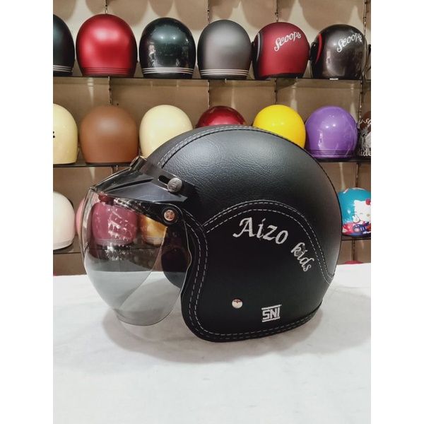 Aizo Kids Helm Anak Full Kulit Warna Hitam SNI Helm Berkualitas COD Free Packing Kardus Bubble Wrap