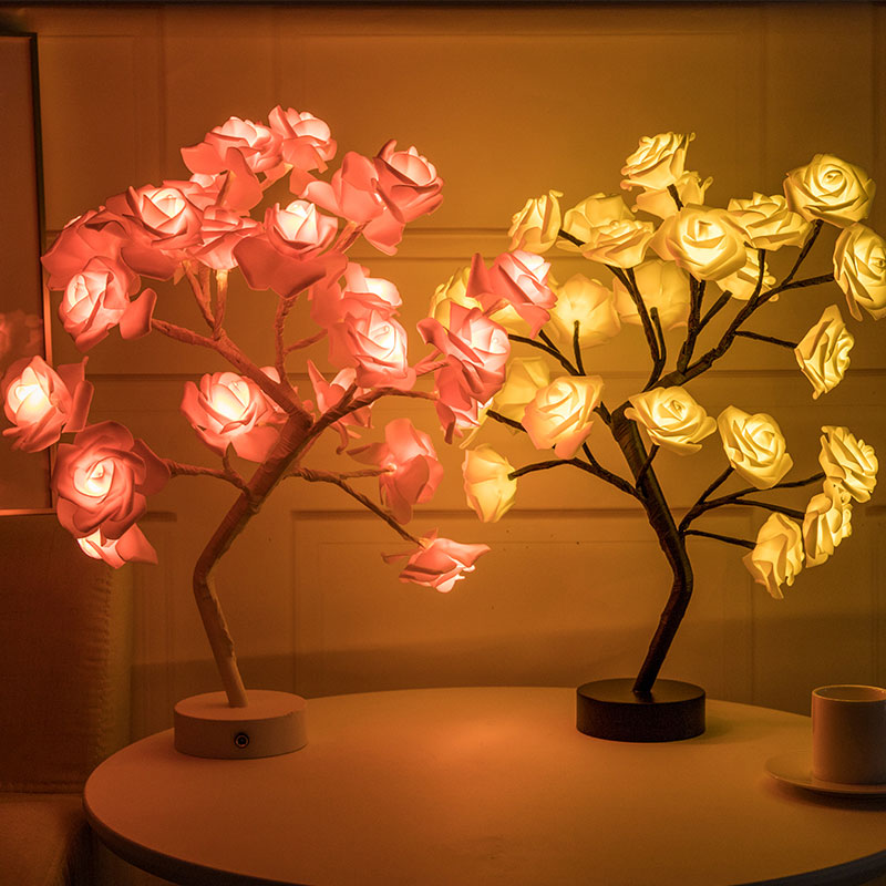 LED Rose Flower Tree Shape Table Lamp/Battery Powered Table Night Light Lights/Wedding Party Bedroom Bedside Desk Decoration Lighting Lamp