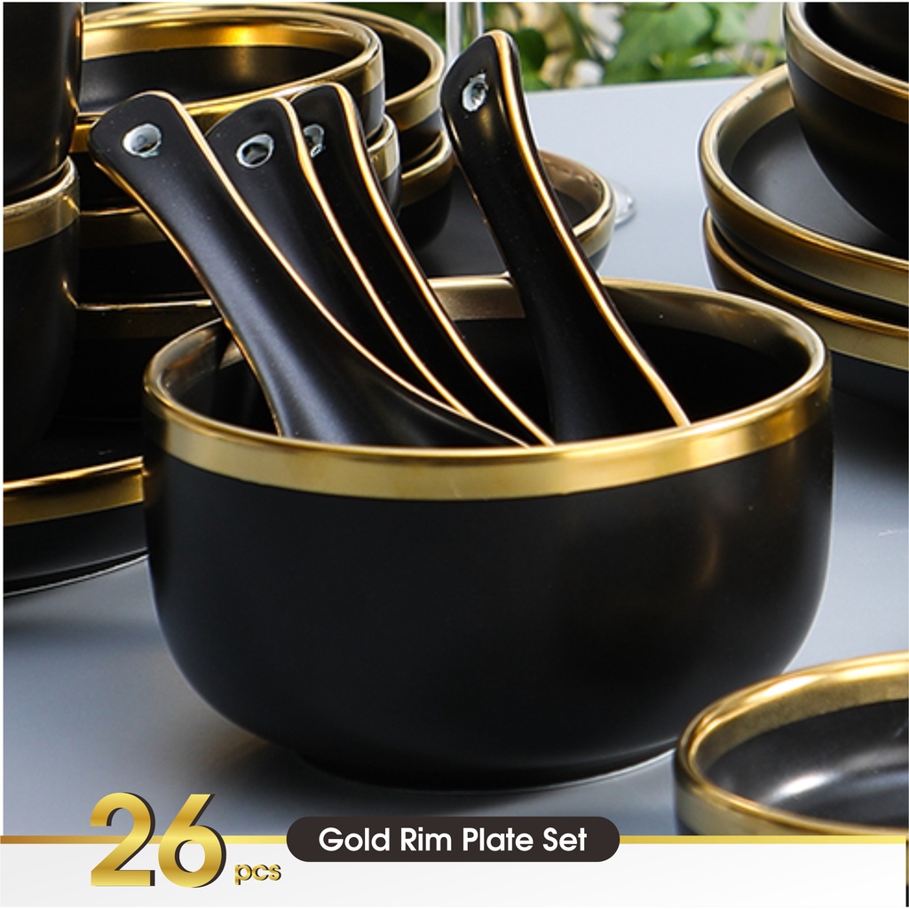 Set 9 &amp; 26 PCS Piring Mangkok Makan Hitam Keramik Pinggiran Emas Cantik Ceramic Mewah Western Steak Gold Rim Plate