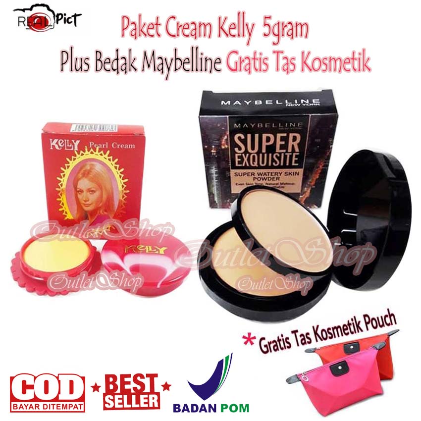 GRATIS Tas Kosmetik - Paket 2 IN 1 Kelly Kosmetik - Kelly Pearl Cream 5gr Plus Bedak Maybelline Exui
