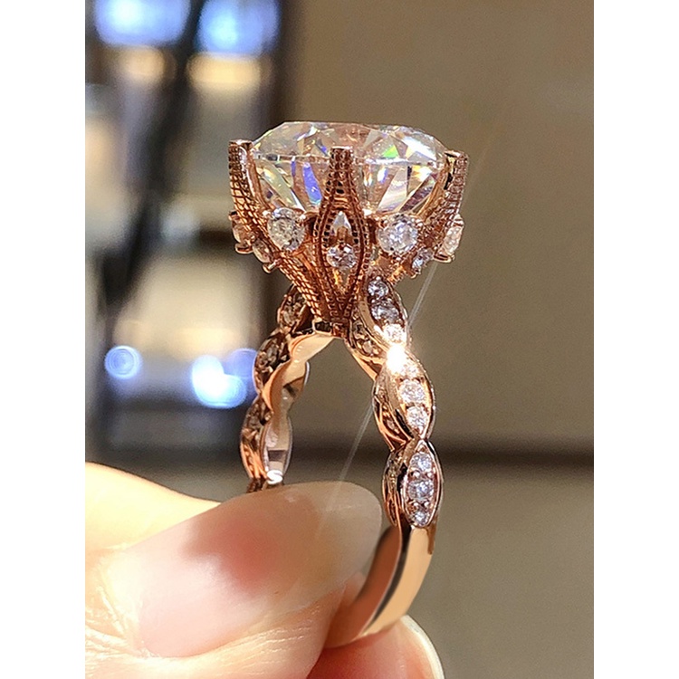 Cincin 4 Cakar Warna Rose Gold Hias Cubic Zirconia Bulat Besar Untuk Wanita