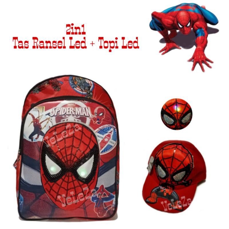 Tas Anak sekolah Laki-Laki Karakter Spiderman led mata nyala plus topi led - Tas Anak