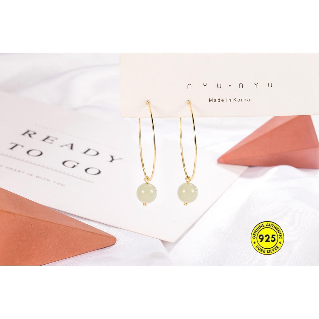 Anting Tusuk Retro Simple Anti Air / Alergi 18K Dengan Batu Giok Untuk Wanita