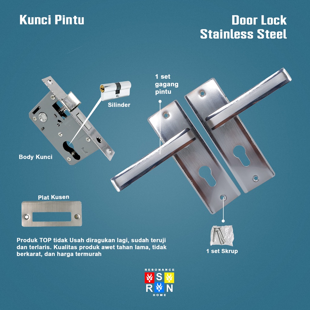 Kunci Pintu Rumah Kotak 15cm Silinder Premium Full Set l Gagang Handle Pintu Rumah I Pintu Kamar I Stainless Resonance Home