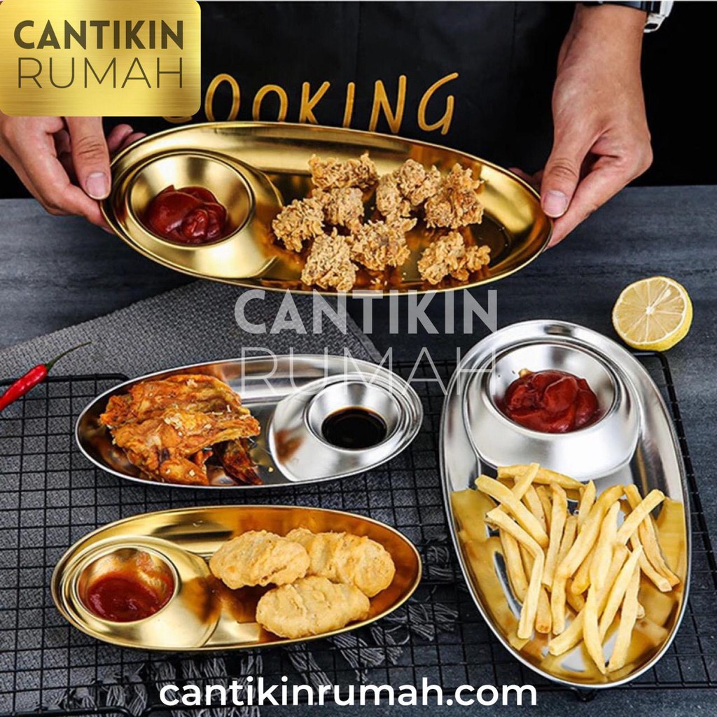 PIRING SAJI GORENGAN SNACK KOREA TEMPAT SAOS STAINLESS 304 EMAS GOLD SNACK PLATE