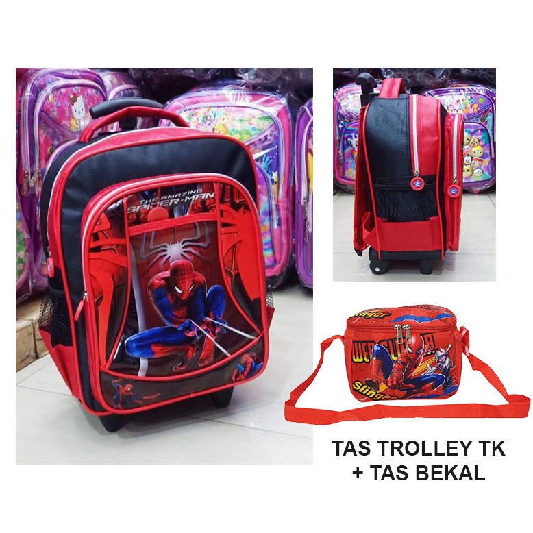 PROMO Tas Roda Dorong Trolley Anak TK Gambar Anak Laki Laki Laba Laba Jaring Soft Timbul 3 Kantung