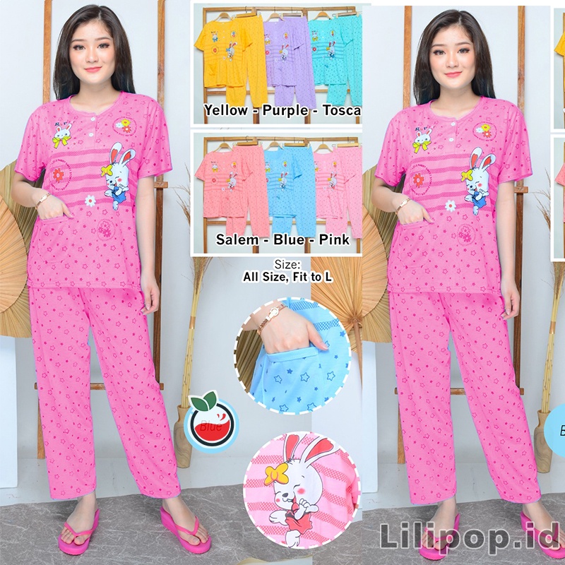 Baju Tidur Stelan Wanita Celana Panjang Baby doll Dewasa Piyama Allsize Cp Lilipop Sleep Wear-Rabbit fanta