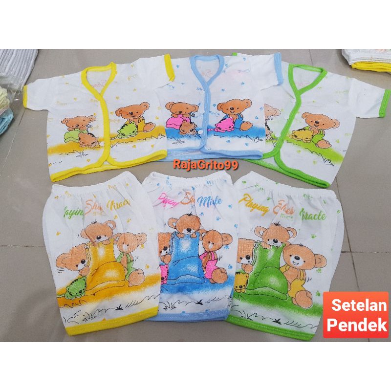 Setelan Pendek Bayi Motif Putih Print isi 6 Pcs (setengah Lusin) - Bahan PE / Setelan Baju Pendek bayi motif Sablon  - Baju Kaos setelan Pendek bayi Baju Pendek + Celana Pendek