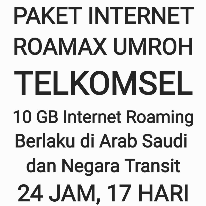 Paket Internet Roamax Roaming Umroh Umrah Telkomsel Luar Negeri Negri 10GB Tsel Kuota Data 17 Hari 24Jam