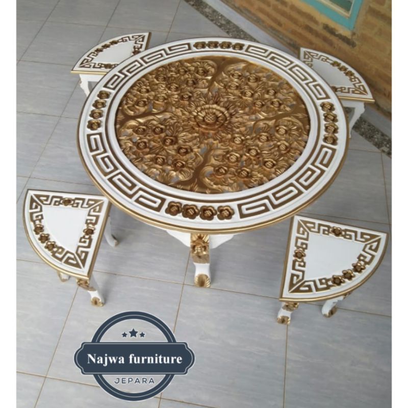 MEJA MAKAN JATI UKIR MEJA BULAT 4K MEJA OSHIN DUCO
