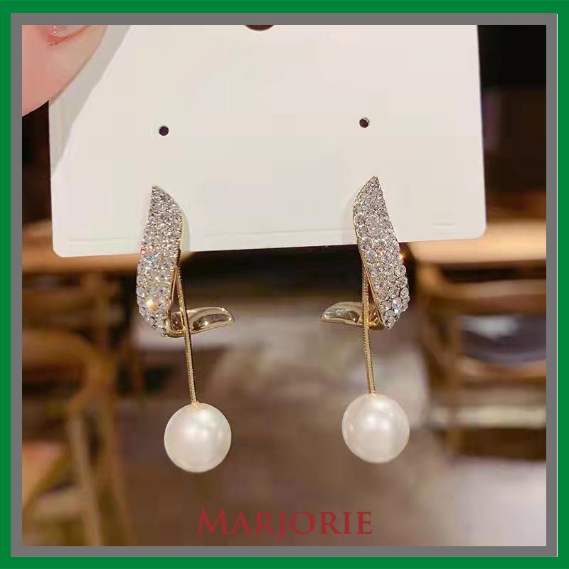 Elegan Berlian Mutiara Fashion Sederhana Temperamen Wanita Anting Rumbai Panjang-MJD