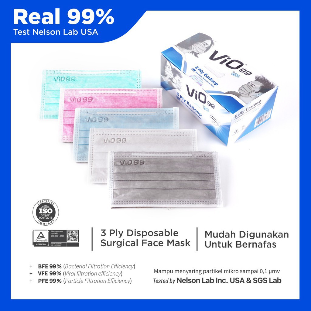 Vio Mask Earloop Masker Medis Vio Earloop 3 ply - Masker Premium Lulus Uji Bfe Pfe Vfe