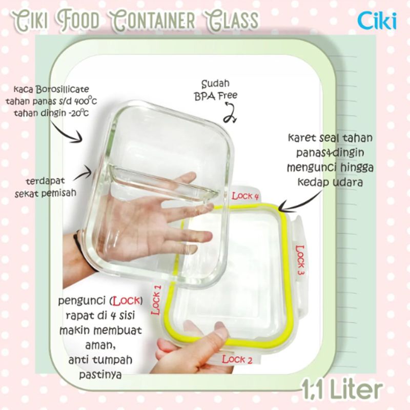 Ciki Food Container Glass 1,1 Liter Sekat 2 - Ciki Baby Kotak Makan Kaca 1,1L - Kotak Penyimpanan Mpasj Bayi - Lunch Box Glass