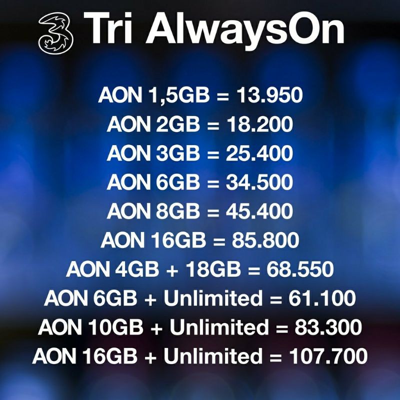 KUOTA TRI AON UNLIMITED PAKET DATA THREE INTERNET 1,5GB | 2GB | 3GB | 6GB | 8GB | 10GB | 16GB | 22GB