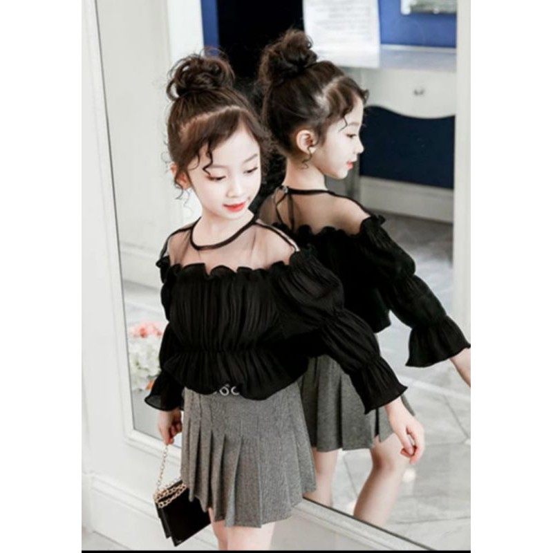 A115 Blouse Sabrina Korea Anak, Baju Sabrina Anak Perempuan, Baju Kerut Lengan Panjang Anak