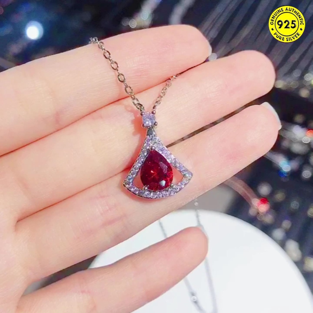 Pomegranate Small Skirt Pendant Micro-Inlaid Diamond Pigeons-Blood Ruby Colored Gems Fan-Shaped Necklace