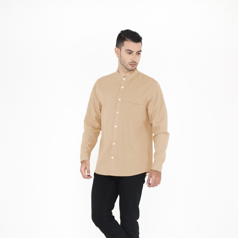 Yobebee Kemeja Pria Dewasa Linen Tangan Panjang Baju Muslim Atasan Polos Slim Fit Kemeja Koko Chiangi Kerah Laki Laki Baju Couple Anak dan Ayah-Cream