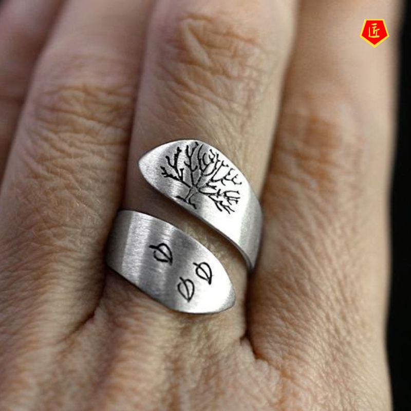 [Ready Stock]Retro Brushed Three Leaves Tree of Life Ring