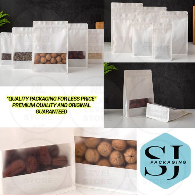 Standing Pouch 12x22+6cm White 8 Seal Shape Kraft Paper Ziplock