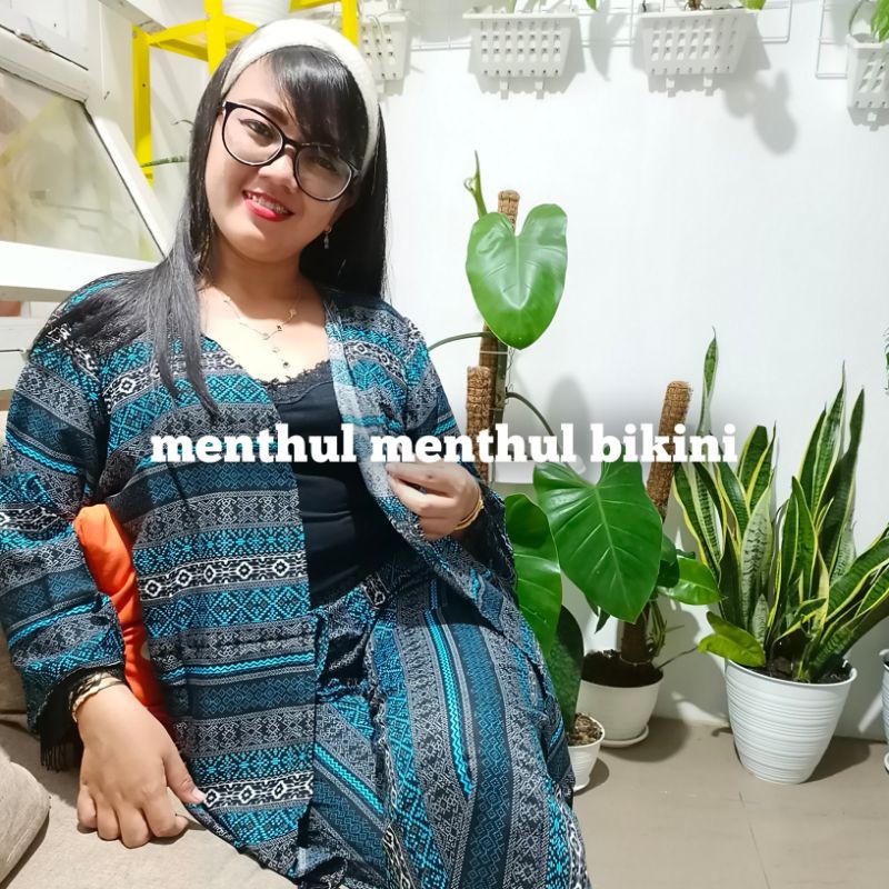 One Set Setelan Cardigan Kulot Jumbo Rayon Fashion Wanita Muslim Kekinian Motif Etnik