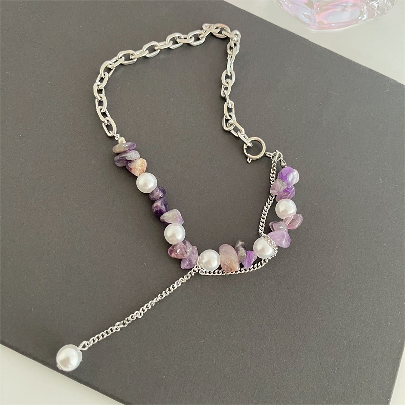 Irregular Purple Crystal Stone Necklace Accessories Titanium Steel Spliced Pearl Clavicle Chain Simple Personality