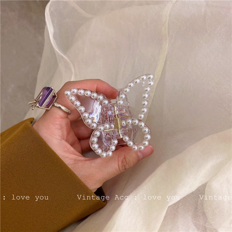 Korean retro geometric pearl butterfly clip Korean version of INS wind diamond hair clip transparent girlish butterfly shark hair clip