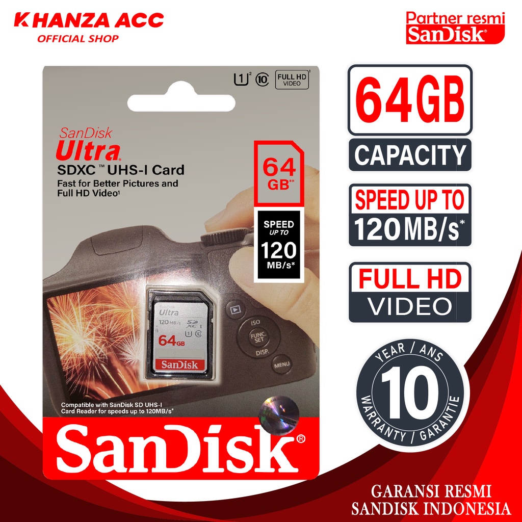 KHANZAACC SANDISK SD Card 64GB Kartu Memori Kamera Class 10 SDXC Speed Up to 120Mb/s