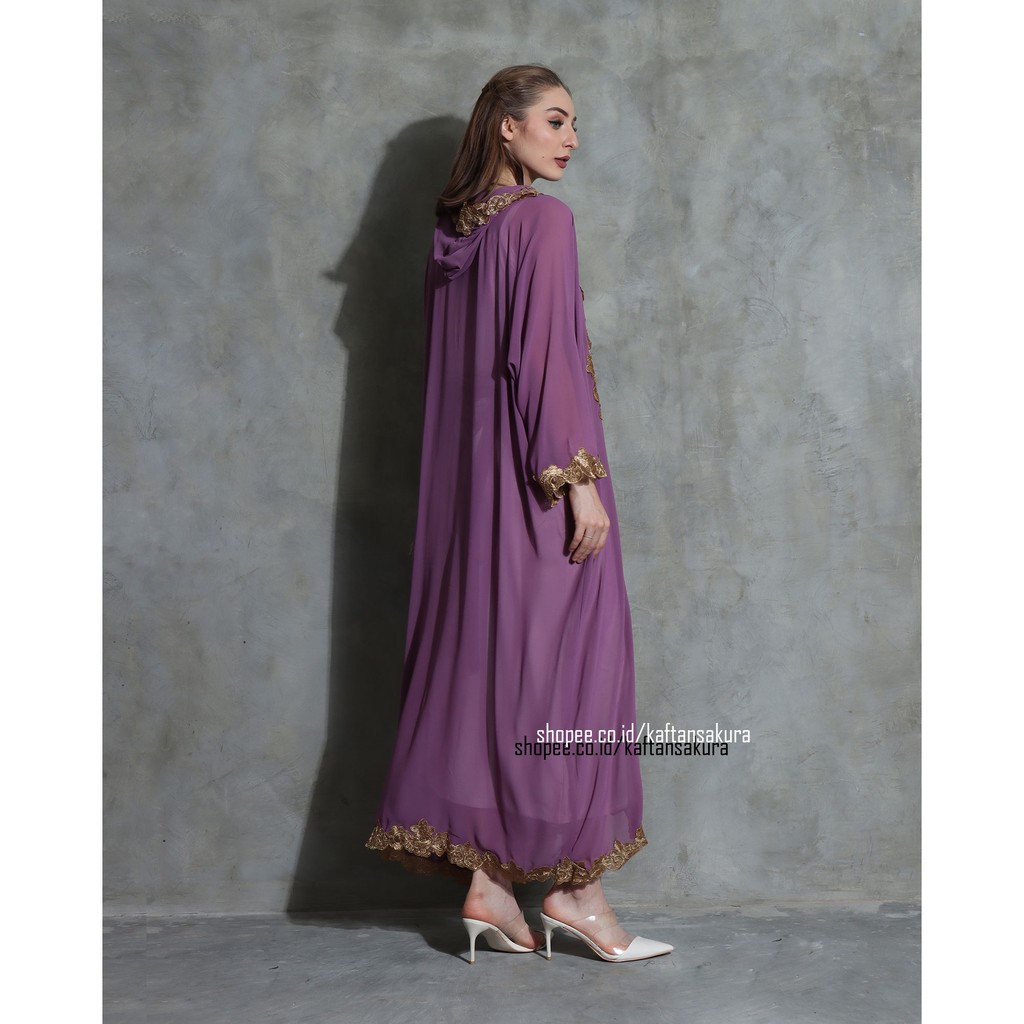 KAFTAN KAPUCONG HOODIE WARNA UNGU MUDA BORDIR MELINGKAR BAHAN SIFFON LEBARAN 2021 GRABSOMEDAY