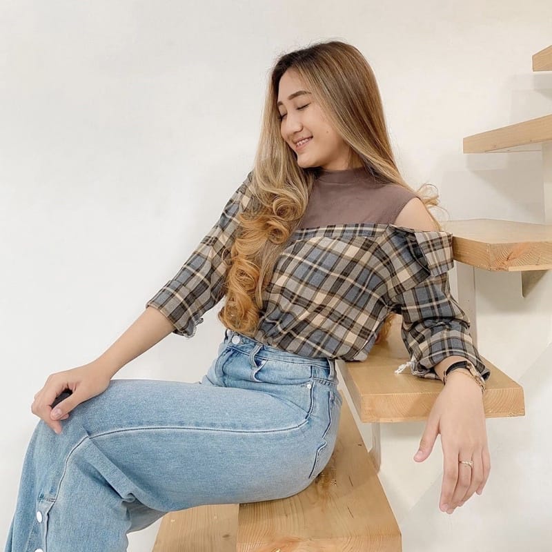 BEFAST - ZEC OOTD Wanita HADE / Kemeja Oversize Tartan Combine Shirt / Kemeja Wanita Style Korean / Kemeja Kekinian 2021 / Kemeja motif Kotak-Kotak Terbaru