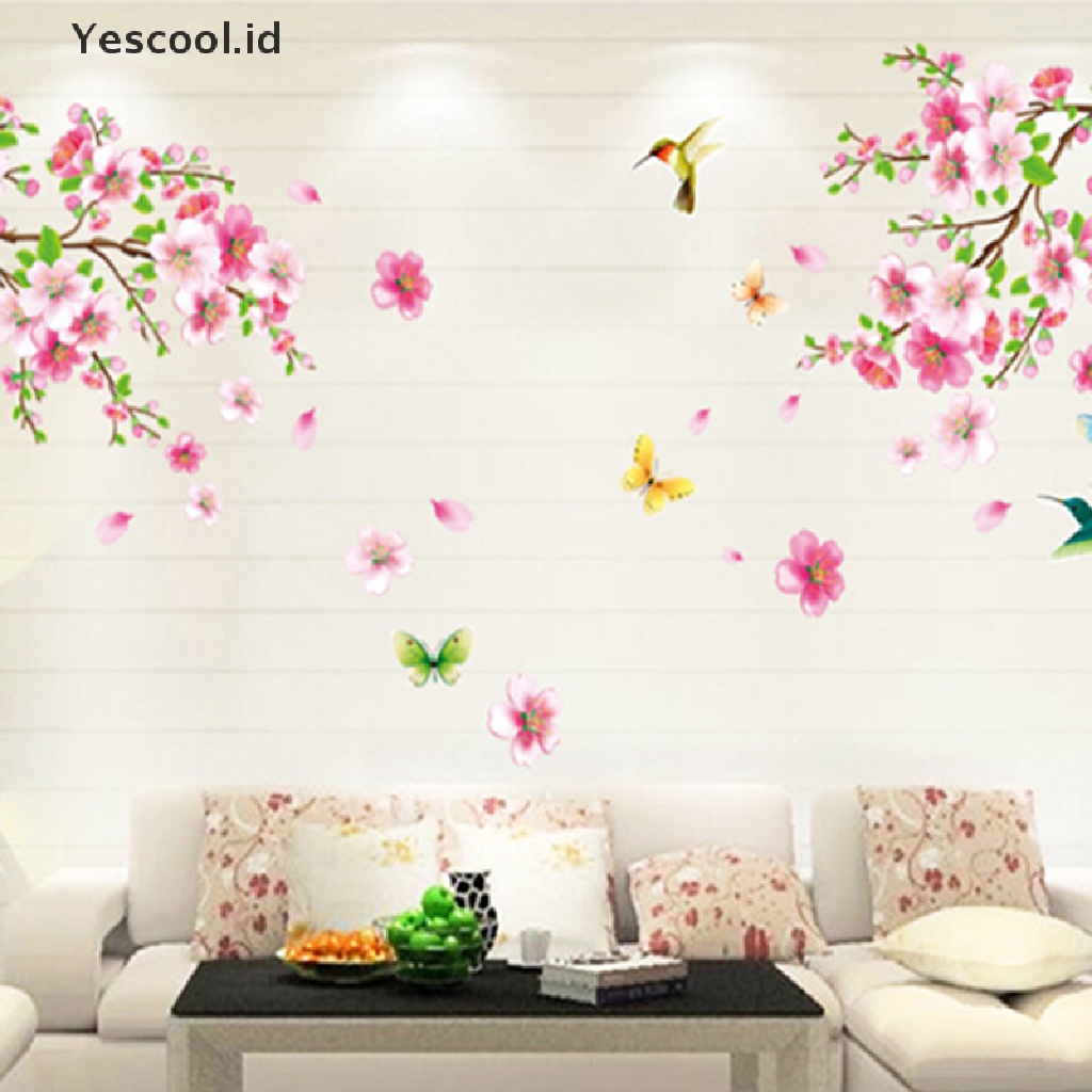 Stiker Dinding Desain Bunga Peach blossom Birds Bahan PVC Dapat Dilepas Untuk Dekorasi Rumah