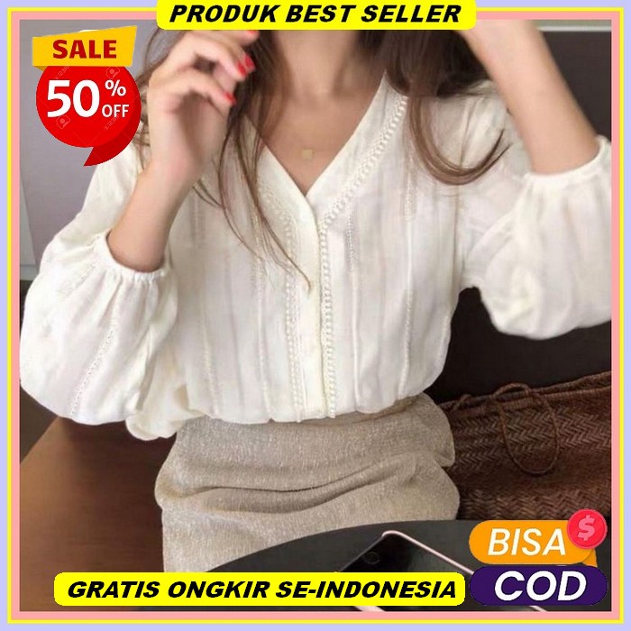Crop Blouse Import Korean Style Lengan Panjang Wrapped Blouse Kasual Baju Warna Putih Atasan Wanita 