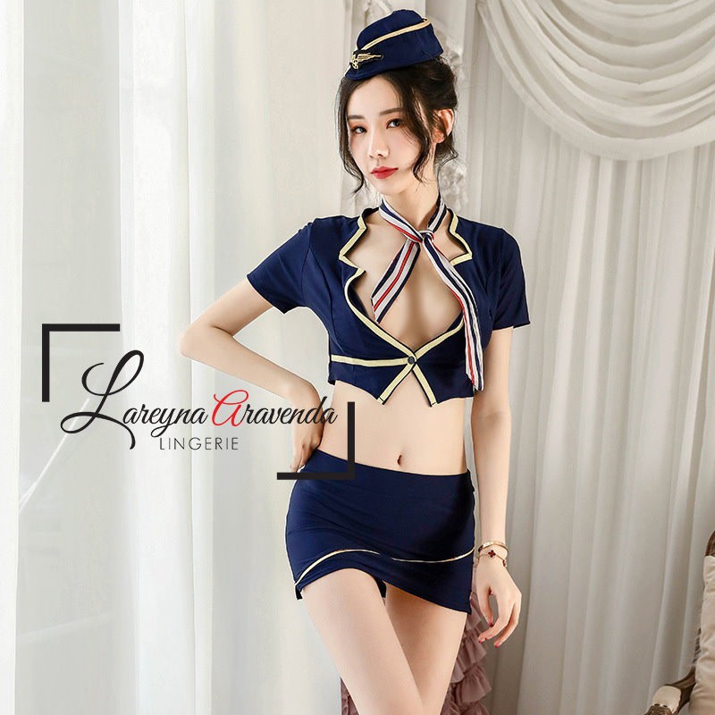 Set Lingerie Seksi + Rok + Topi Model Cosplay Pramugari Executive LG176