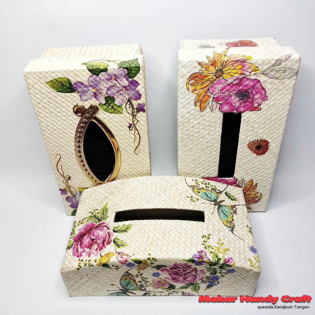 TEMPAT TISSUE PANDAN DECOUPAGE ORIGINAL WADAH TISU ANYAMAN GAMBAR