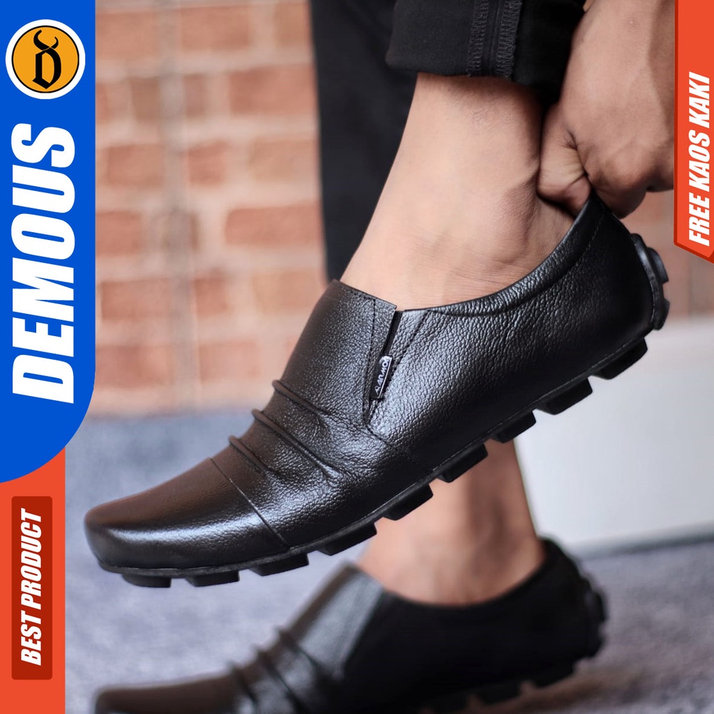 DEMOUS FOLD Sepatu Casual Formal Pantofel Kerja Kantor Pria Kulit Asli Hitam