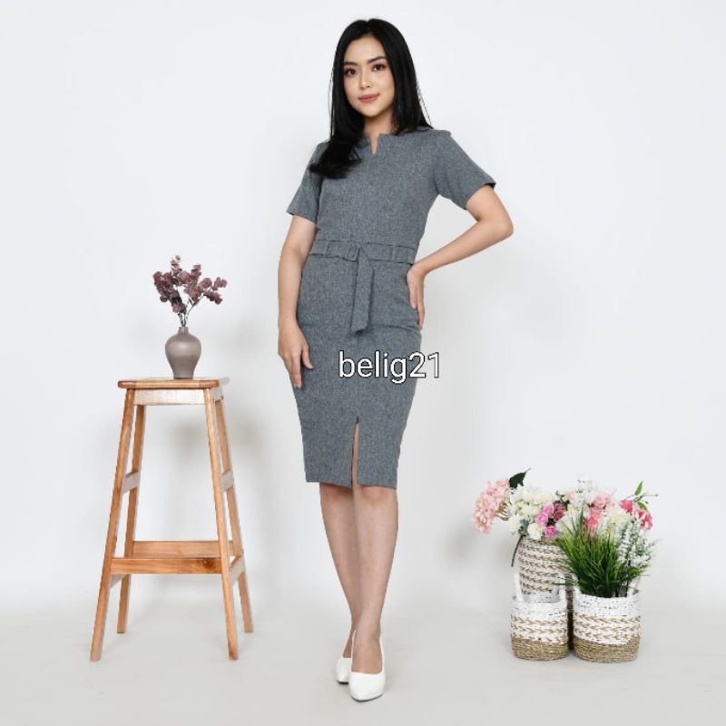 Dress Kerja Wanita Kantor lengan pendek Formal High Premium