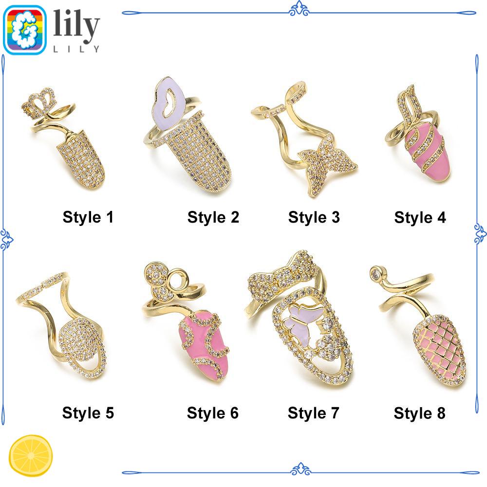 LILY Cincin Pelindung Kuku Aksen Zircon Warna Gold Untuk Perhiasan Wanita