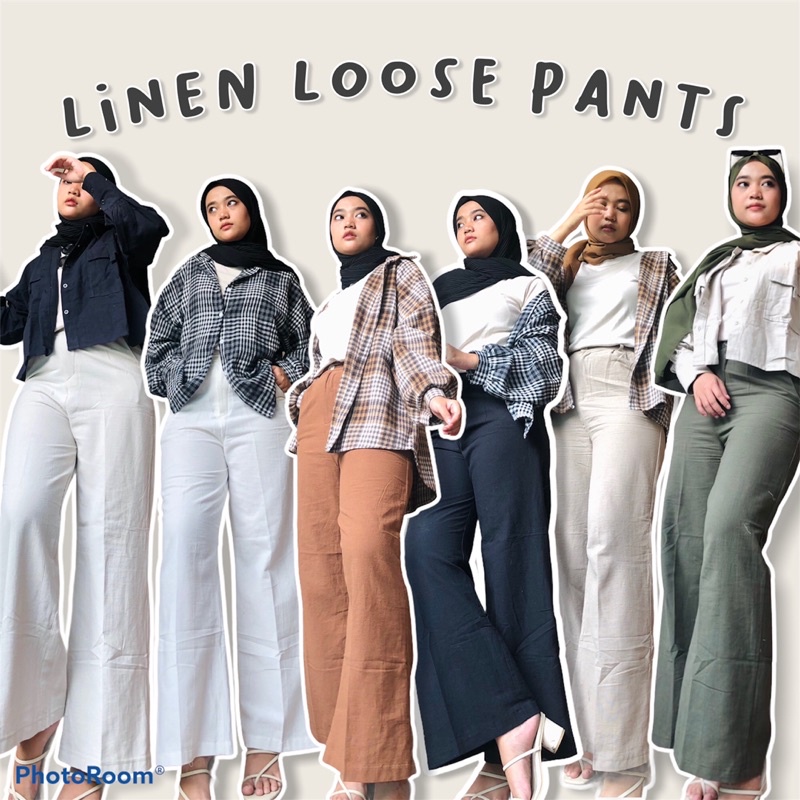 LINEN LOOSE PANTS CELANA BASIC KULOT HIGHWAIST LINEN RAMI