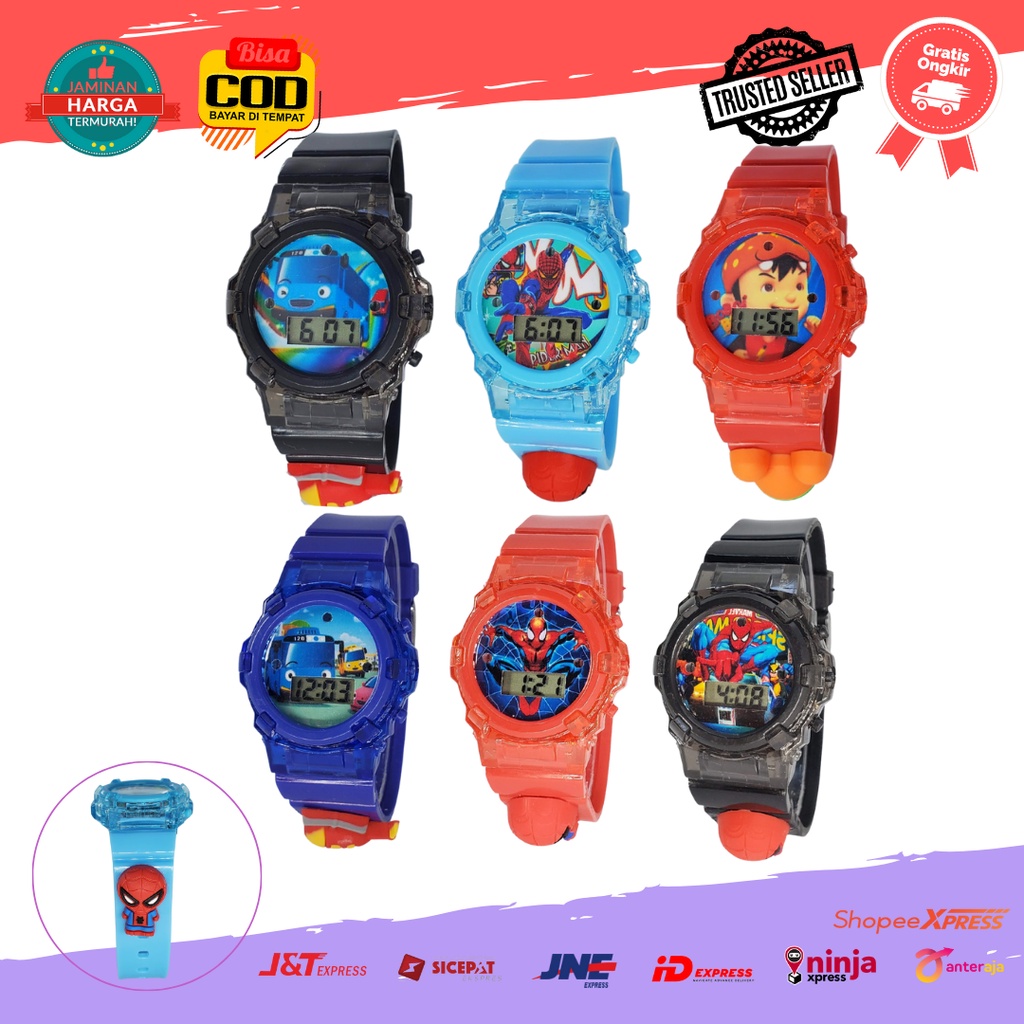 [COD] Jam Tangan Anak Cowok Strap Rubber Model Mainan 3D Digital Melodi Musik Karakter Kartun Tayo Spiderman Avangers