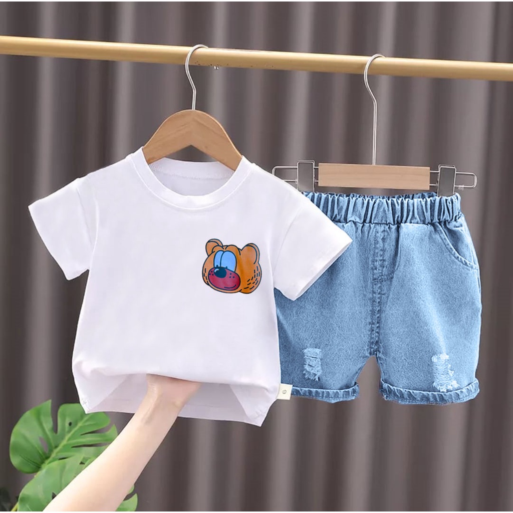 PROMO SETELAN BAJU ANAK CELANA DENIM PENDEK 1-5 TAHUN MOTIF BEAR FUNNY SETELAN BAJU ANAK LAKI LAKI DAN PEREMPUAN TERBARU