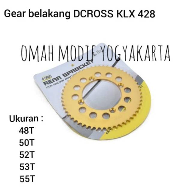 Gear belakang KLX 150 BF Dtracker 428 ukuran 48 T 50 T 52 T 53 T 55 T warna gold emas silver chrome