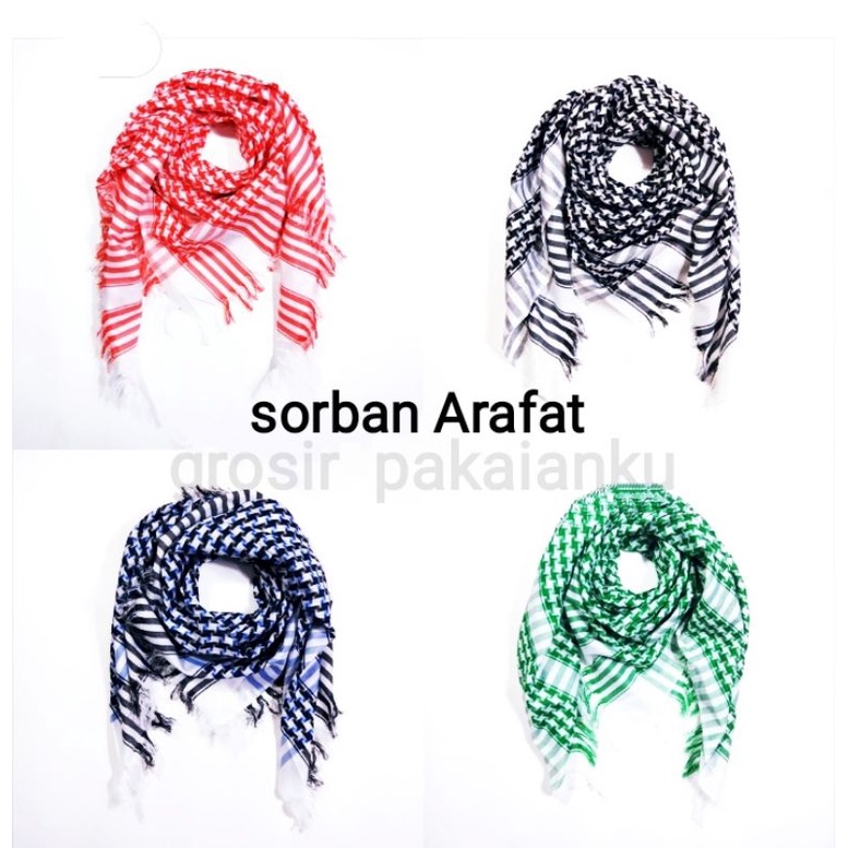 Sorban Arafat hitam/putih polos, Sorban Murah Berkualitas premium, Sorban Palestina, Sorban Haji, Sorban Arab rumbai, Sorban kashmiri, Sorban hijau, Sorban Panjang, Sorban habib, oleh2 haji dan umroh