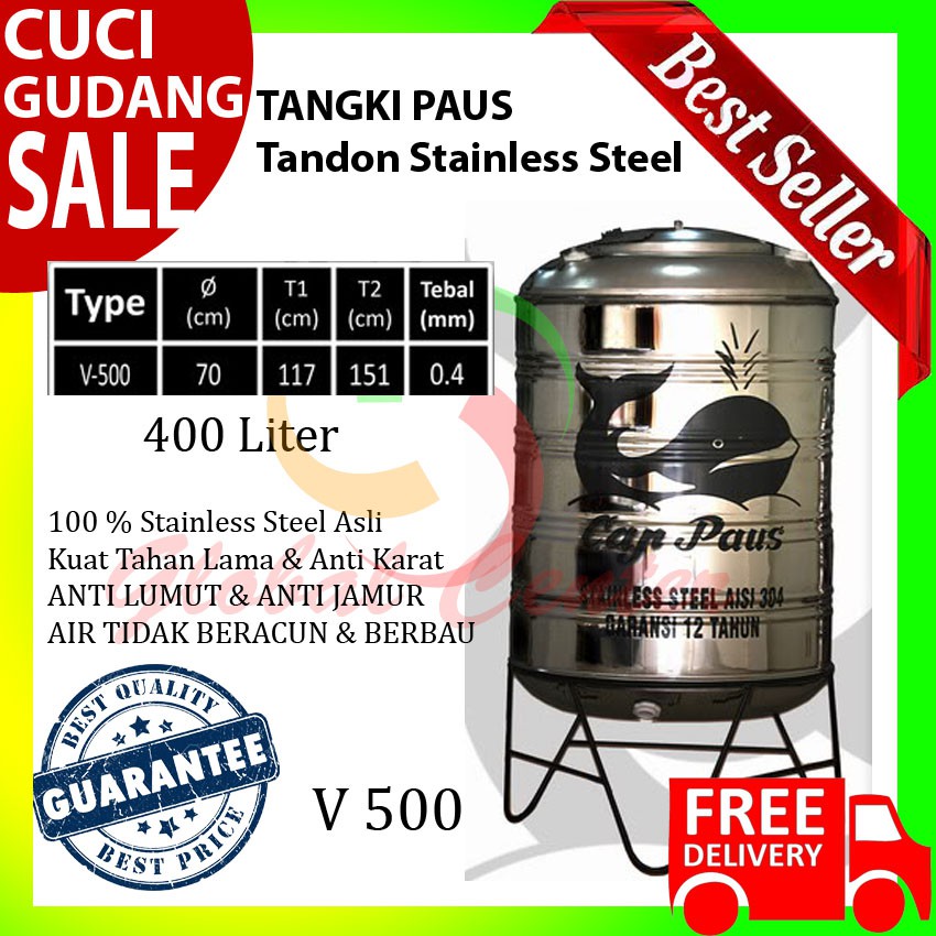 Tangki Air Stainless Cap Paus V 500 Liter