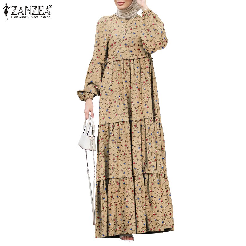 ZANZEA Women Long Sleeve Vintage Printed Tiered Long Muslim Dress